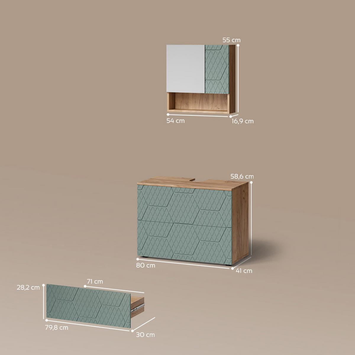 BADMÖBEL-SET Ronco Grün/Goldkraft Eiche 2 Teile - Honigeiche/Grün, Holzwerkstoff (80/58/41cm) - Livinity®
