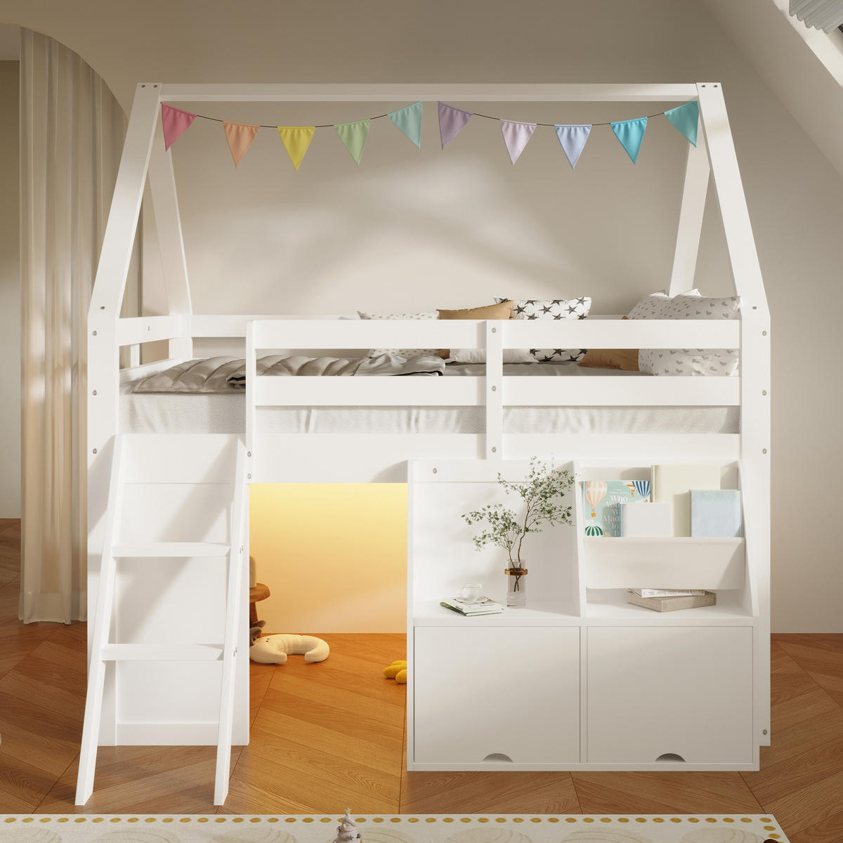 HOCHBETT aus MDF und Kiefernholz 140x200 cm Weiß mit Treppe, LED-Beleuchtung und Stauraum - Weiß, Holz (140/200cm) - IVMEU