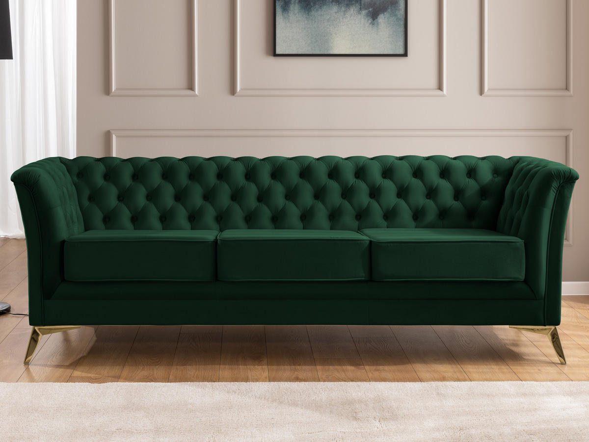 SITZGARNITUR 3+1 Chesterfield Whitby Flasche Grün Samt mit goldenen Füßen - Dunkelgrün/Goldfarben, Holz/Textil (237/78/82cm) - S-Style Möbel