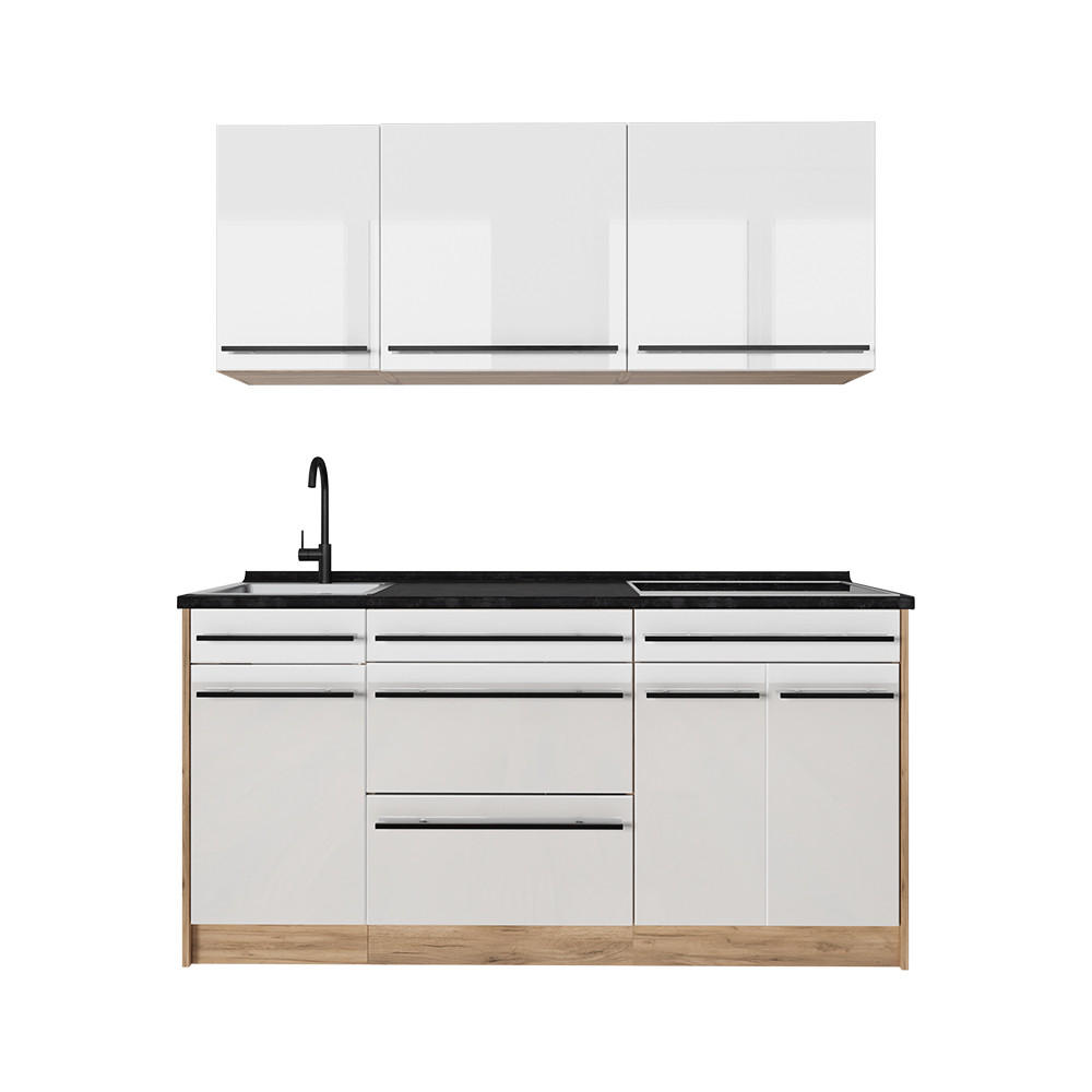 SINGLEKÜCHE R-Line, Weiß Hochglanz/Goldkraft Eiche, 160 cm Arbeitsplatte Anthrazit - Honigeiche/Weiß Hochglanz, Holzwerkstoff (160/81.6/60cm) - Vicco
