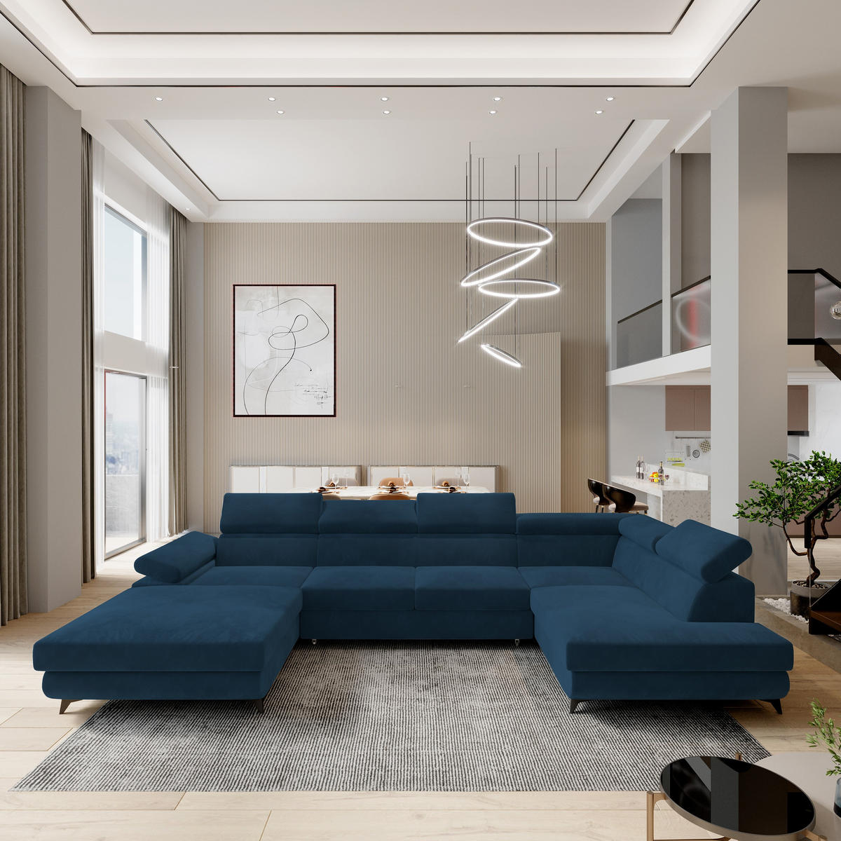 ROHOVÁ SEDAČKA RUBANO modrá - modrá/černá, kov/dřevo (339/190cm) - MASSENO