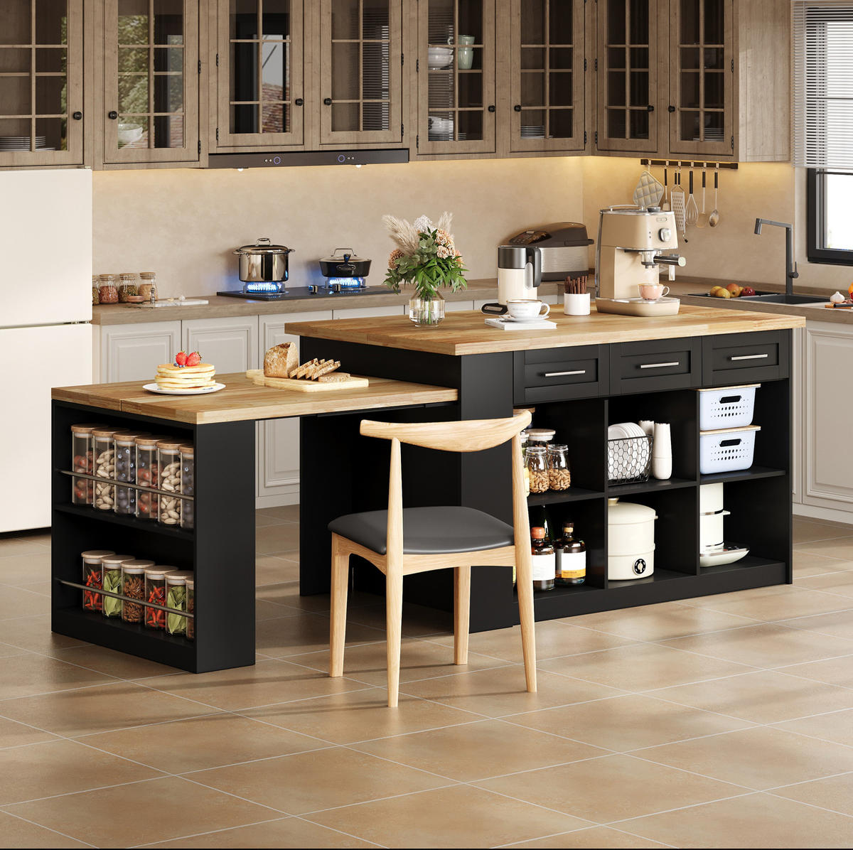 KÜCHENINSEL mit ausziehbarem Esstisch 150 x 90 x 90 cm MDF Natural and Black - Naturfarben, Holz (90/90/150cm) - Beauniv