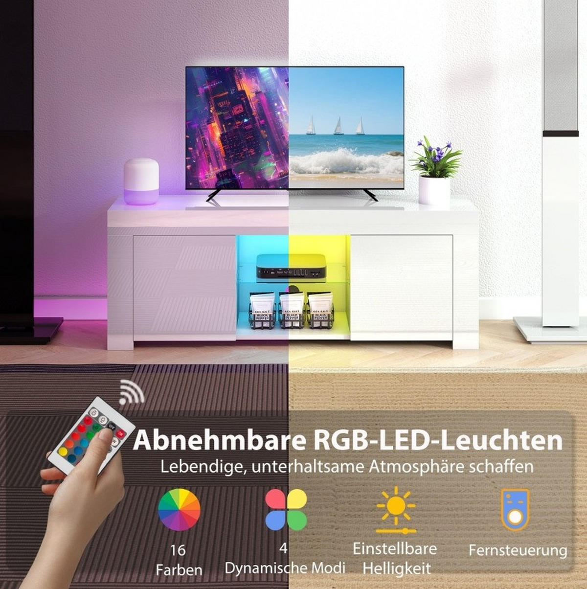 LOWBOARD 120/34/45 cm in Weiß mit LED-Beleuchtung und Glasablage - Weiß, Glas (120/45/34cm) - Flora Grace