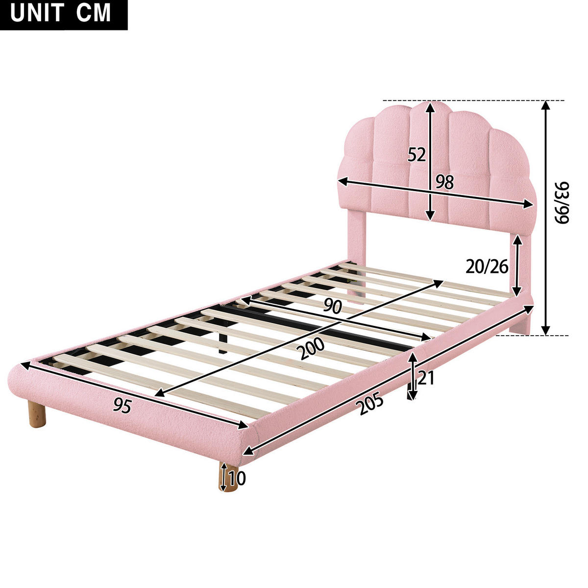 POLSTERBETT 90/200 cm aus Bouclé und MDF mit verstellbarem Kopfteil Rosa - Rosa, Textil (90/200cm) - Modenvie