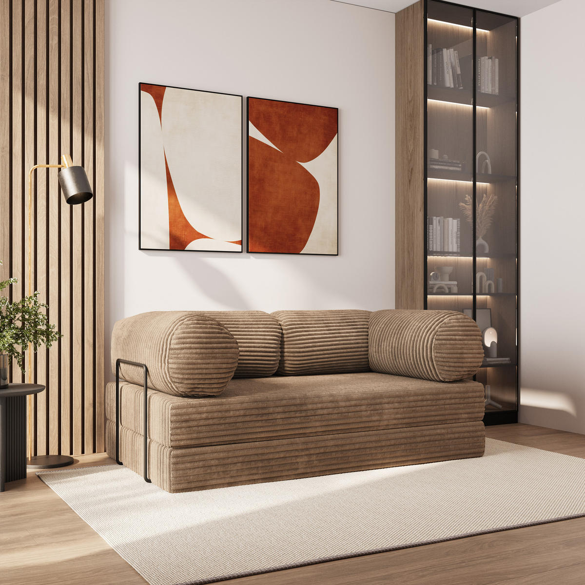 BETTSOFA ALVIO aus Schaumstoff Cordstoff Beige Schlaffunktion - Beige, Textil (170/68/80cm) - MASSENO