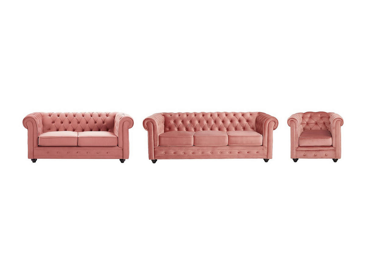 SOFA 3-Sitzer & 2-Sitzer & Sessel - Samt - Pastellrosa - CHESTERFIELD - Pink, Textil (88/72/205cm) - Vente-Unique