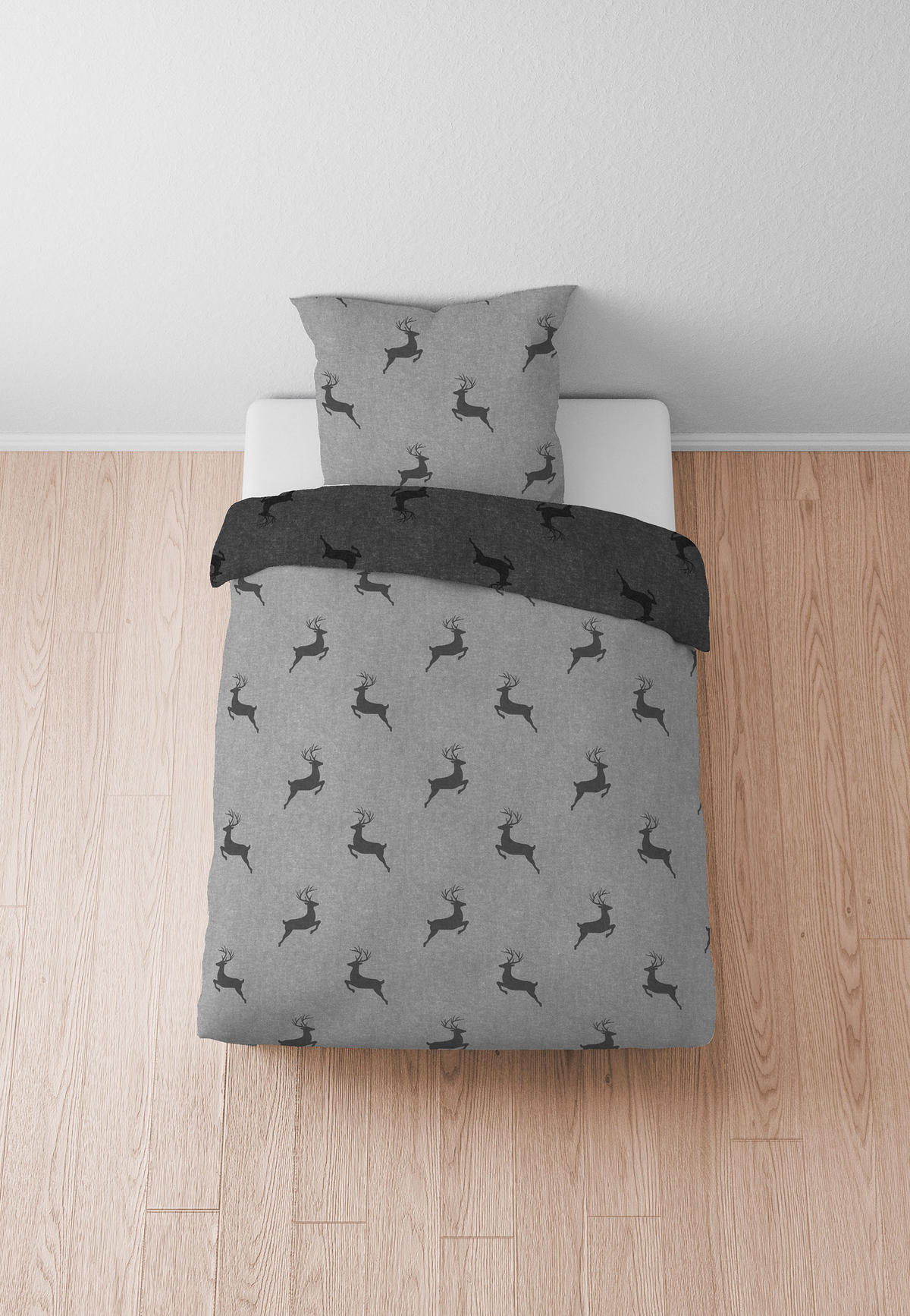 BETTWÄSCHE-GARNITUR Melange Hirsch Klein sturmgrau, 155x220 cm + 80x80 cm - Grau, Textil (155/220cm) - biberna