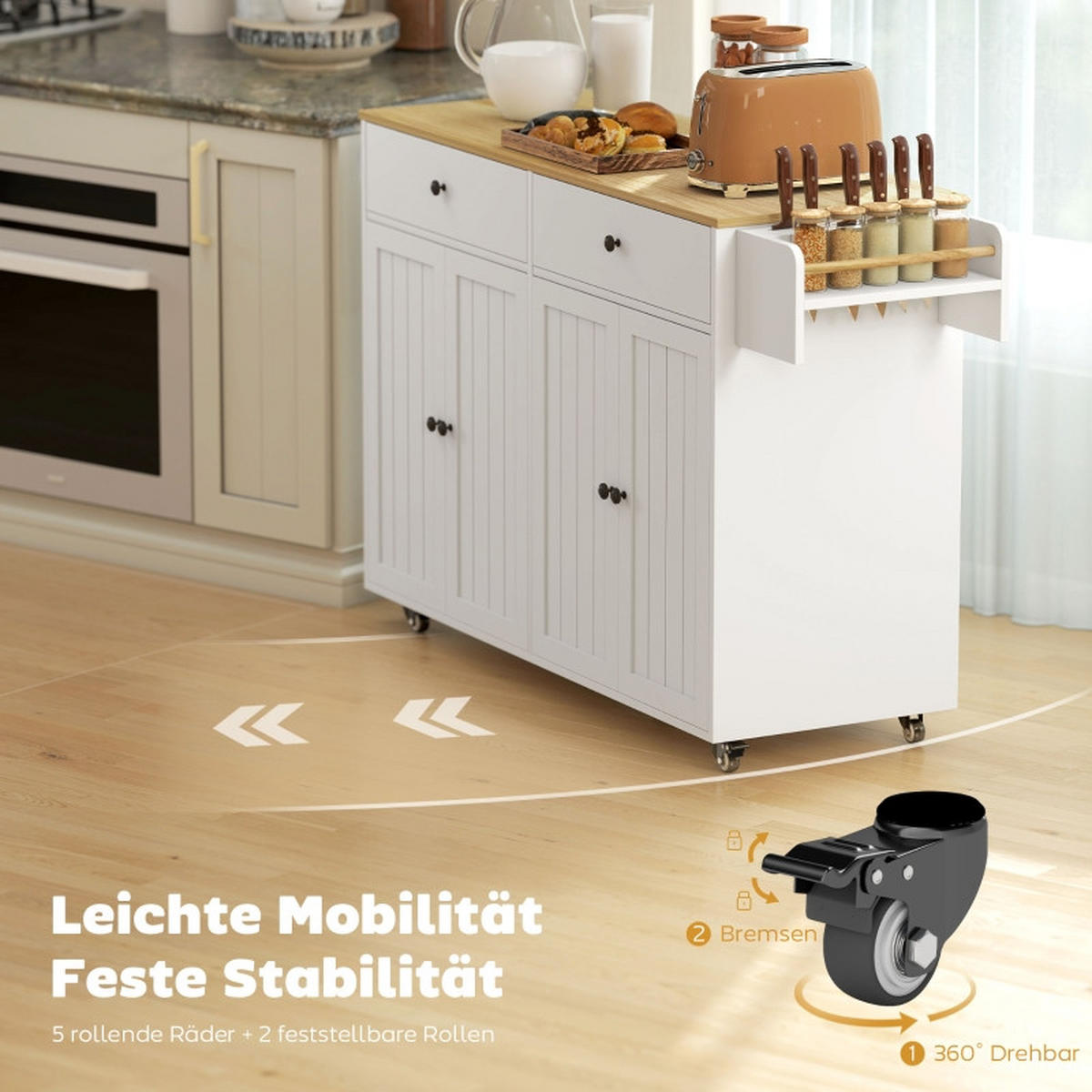 KÜCHENINSEL 147x43x89cm Weiß mit 2 Schränken,Gewürzregal & 5 Rollen - Weiß, Holz (147/89/43cm) - Modfu