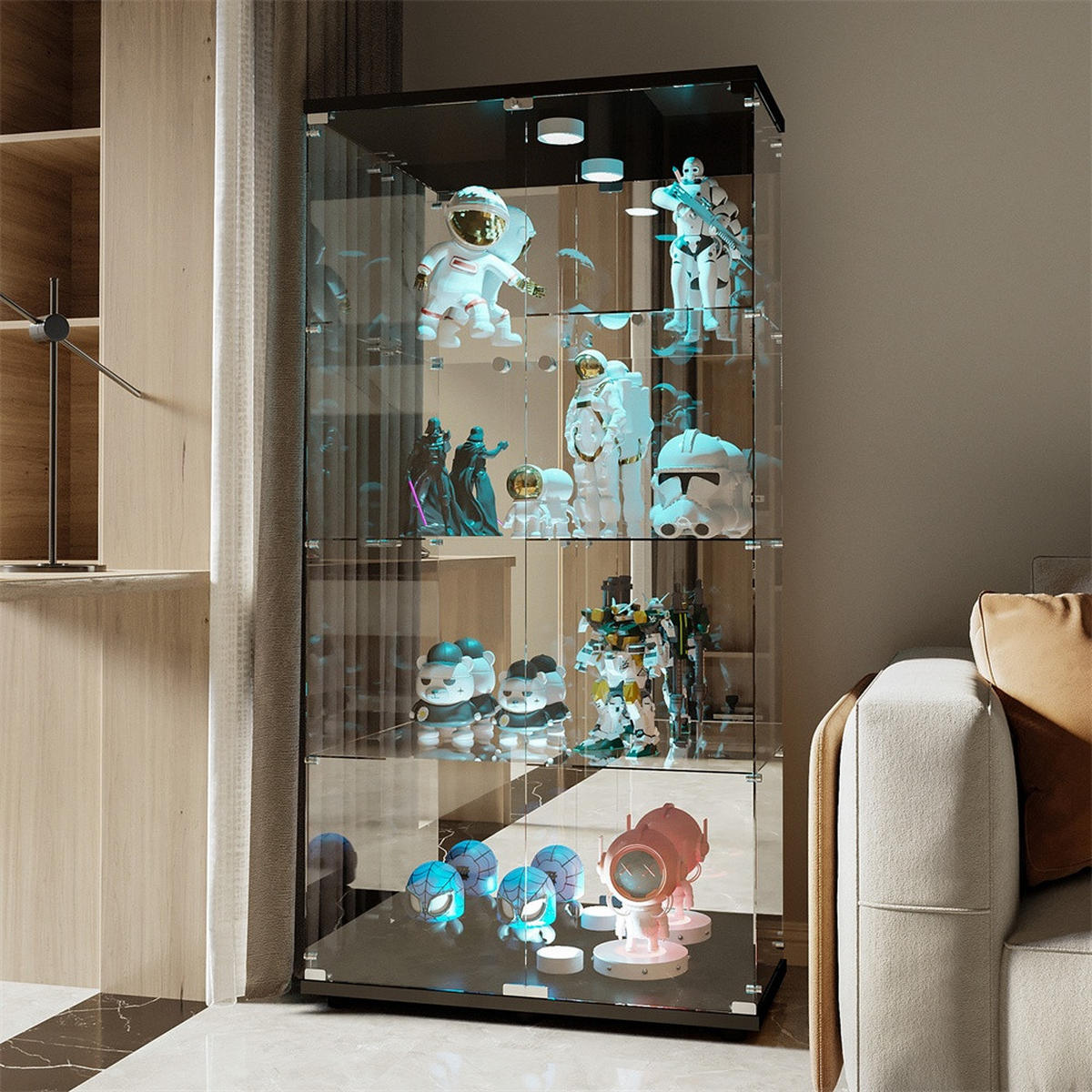 VITRINE - Glasvitrine mit 2 Türen und 4 Ebenen - mehrfarbige Beleuchtung - Schwarze Decken- und Bodenplatte - Schwarz, Glas (80.5/164/36.3cm) - DELFA