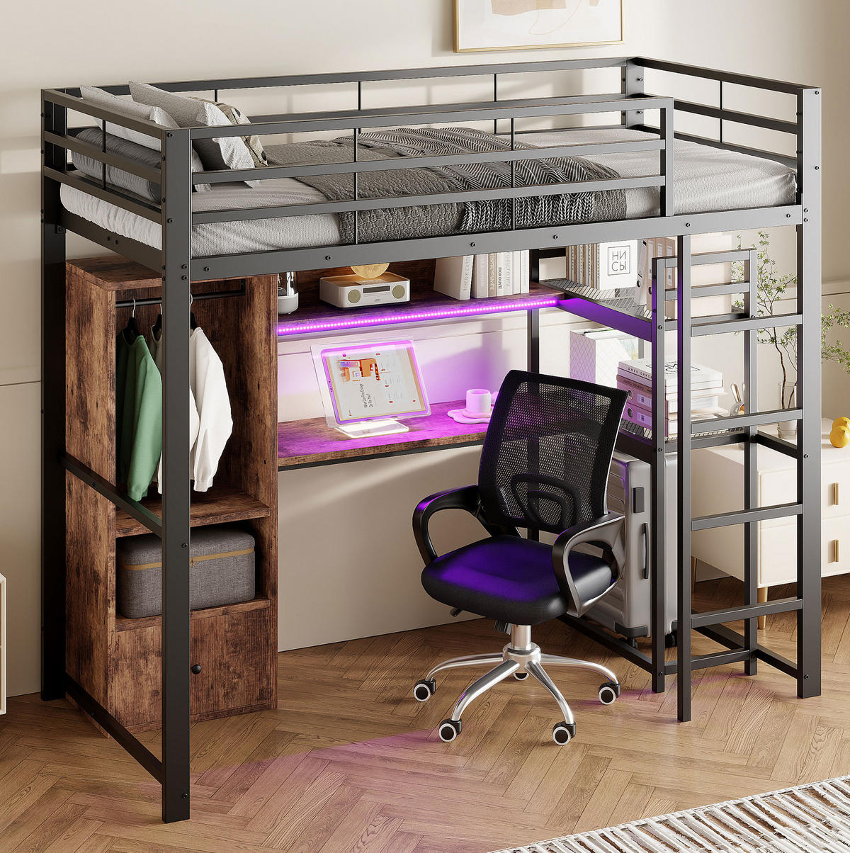 HOCHBETT 90/200 cm aus Metall und MDF mit Schreibtisch und LED-Beleuchtung Schwarz - Schwarz, Holzwerkstoff (90/200cm) - Modenvie