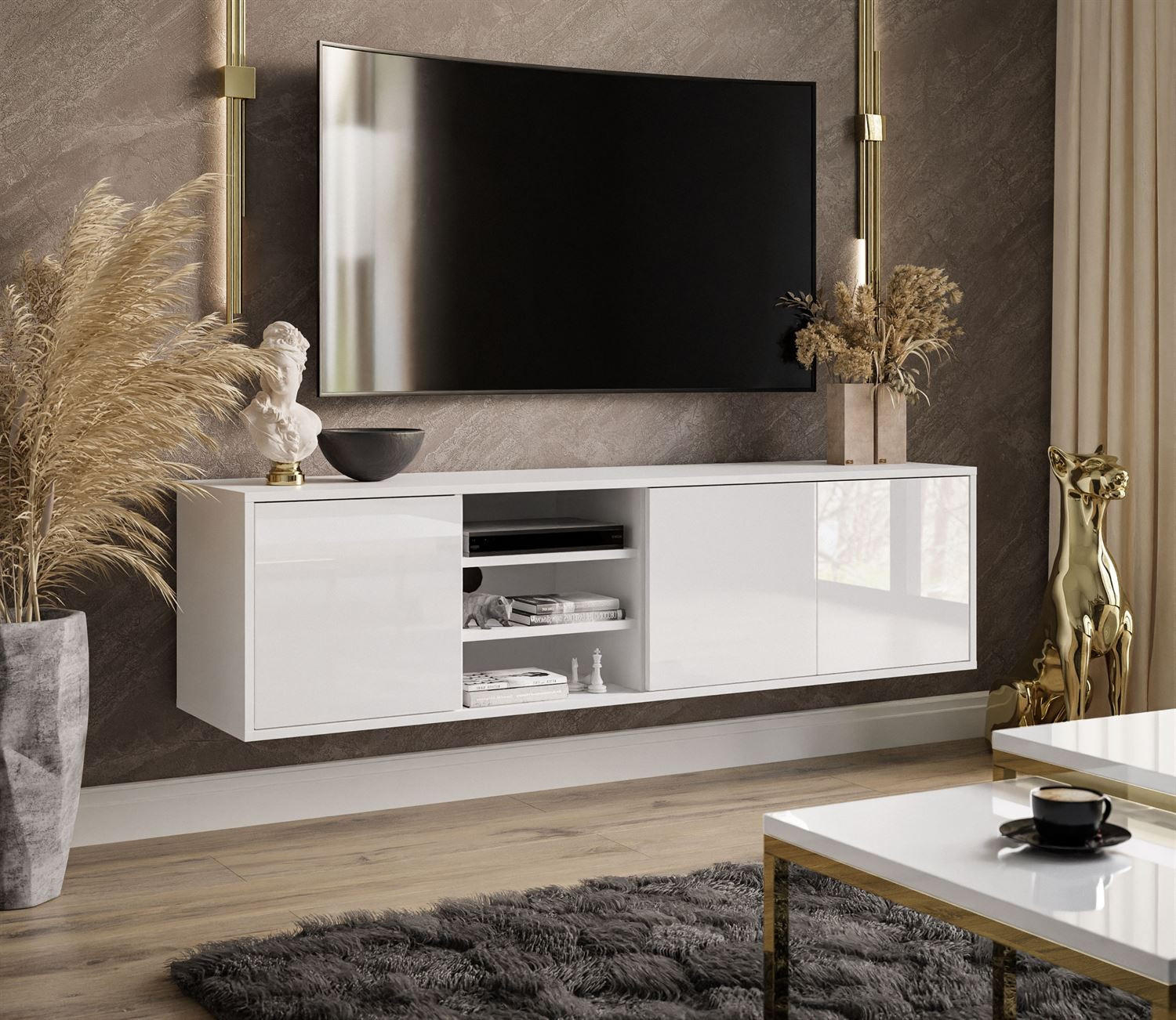 TV-ELEMENT SANAYI Hängend mit Regalen Hochglanz Weiß - Weiß, Holzwerkstoff (156/42/38cm) - Lookway
