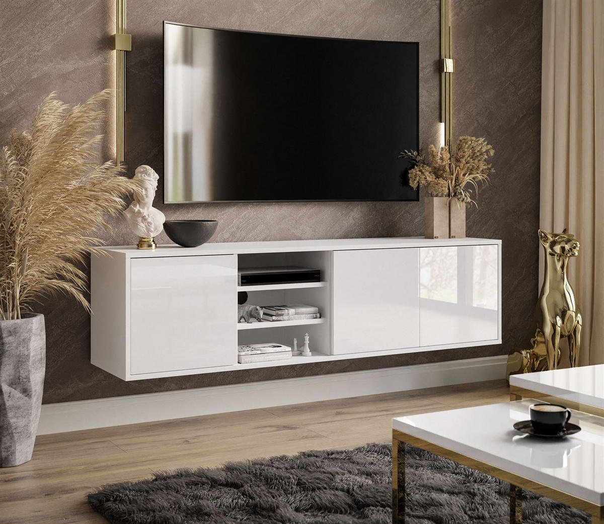 TV-ELEMENT SANAYI Hängend mit Regalen Hochglanz Weiß - Weiß, Holzwerkstoff (156/42/38cm) - Lookway