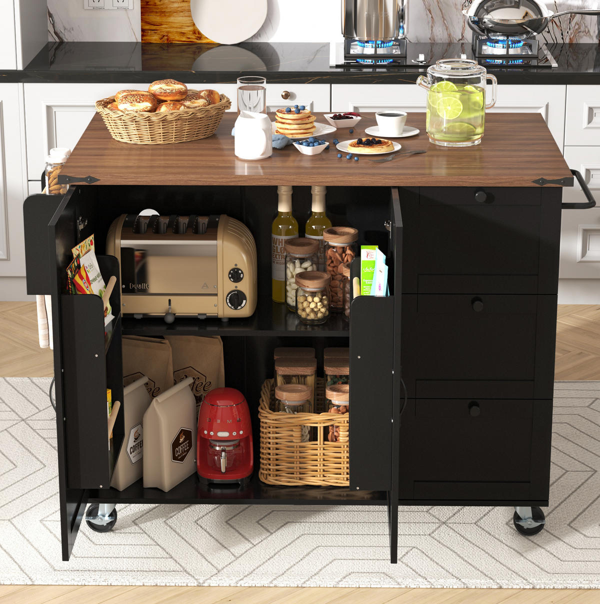 KÜCHENINSEL 140/45/92,5 cm schwarz aus MDF mit Klappplatte - Schwarz, Holzwerkstoff (140/92.5/45cm) - OKWISH
