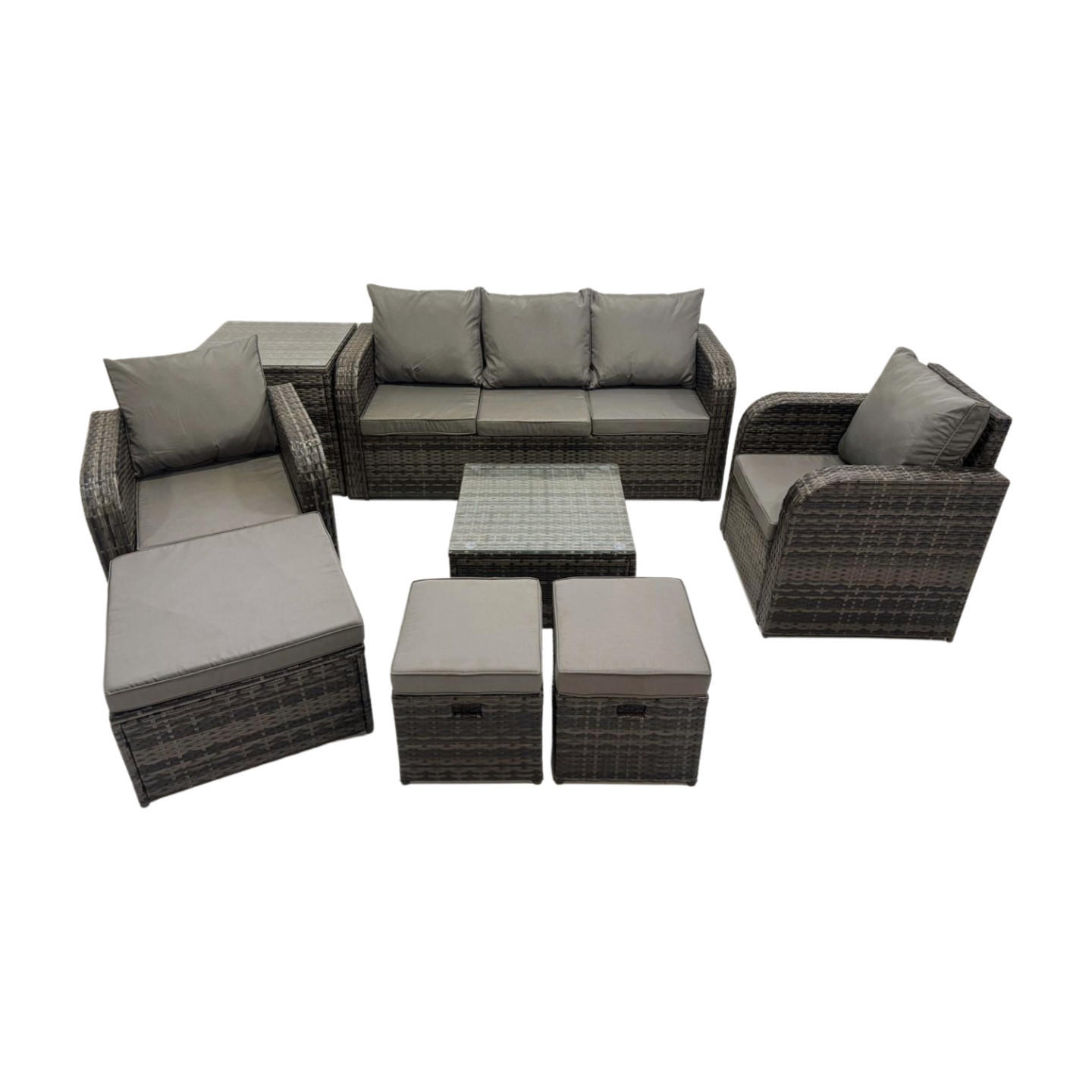 GARTENMÖBELGARNITUR mit KISSEN Polyrattan Dunkelgrau 8-Sitzer - Dunkelgrau/Grau, Glas/Kunststoff - Fimous