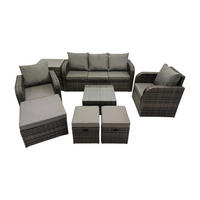 GARTENMÖBELGARNITUR mit KISSEN Polyrattan Dunkelgrau 8-Sitzer - Dunkelgrau/Grau, Glas/Kunststoff - Fimous