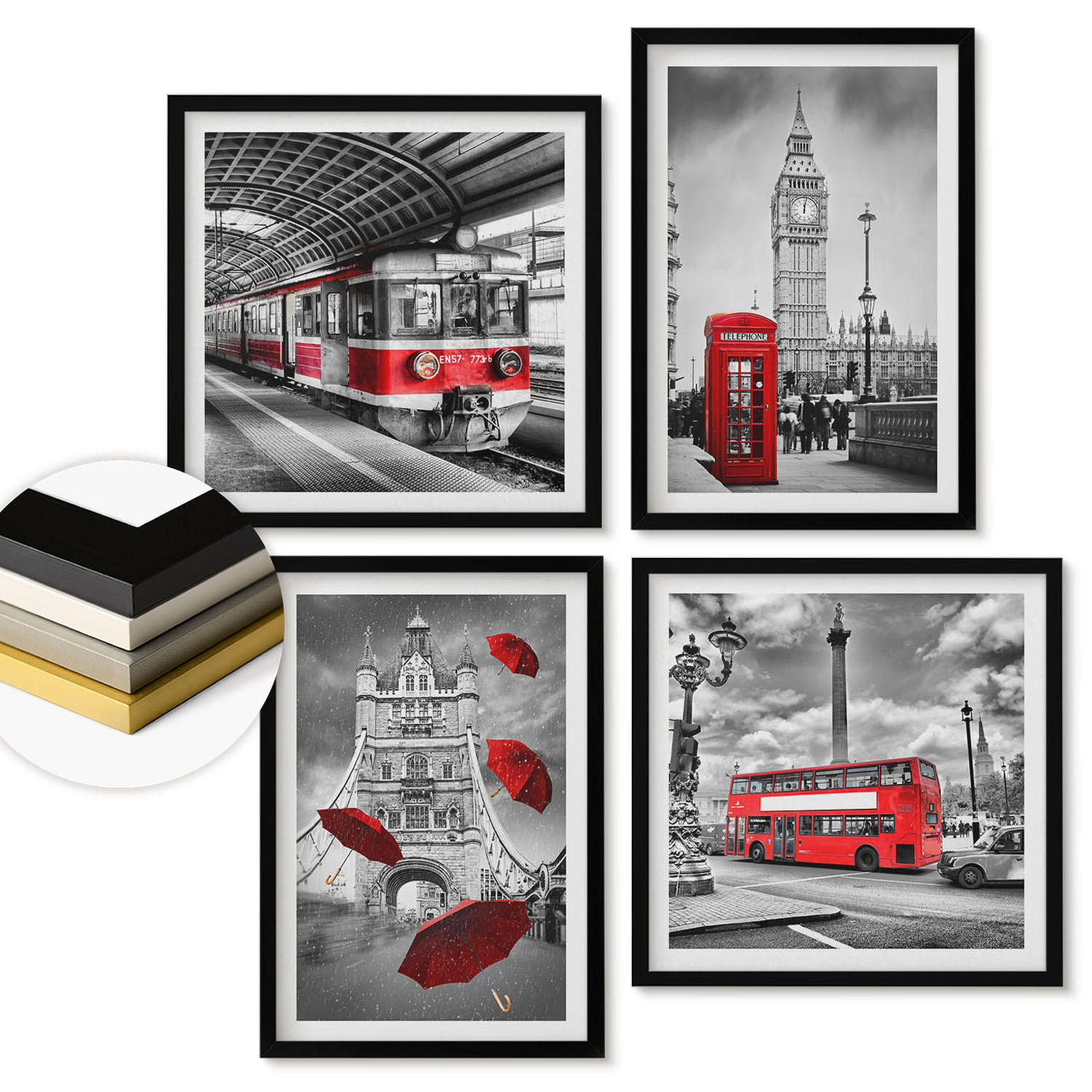 WANDBILDER 4er-Set - 50x50 cm & 40x60 cm Schwarzer Rahmen - Red Accents London - Schwarz, Kunststoff (50/50cm) - ArtPrintCave