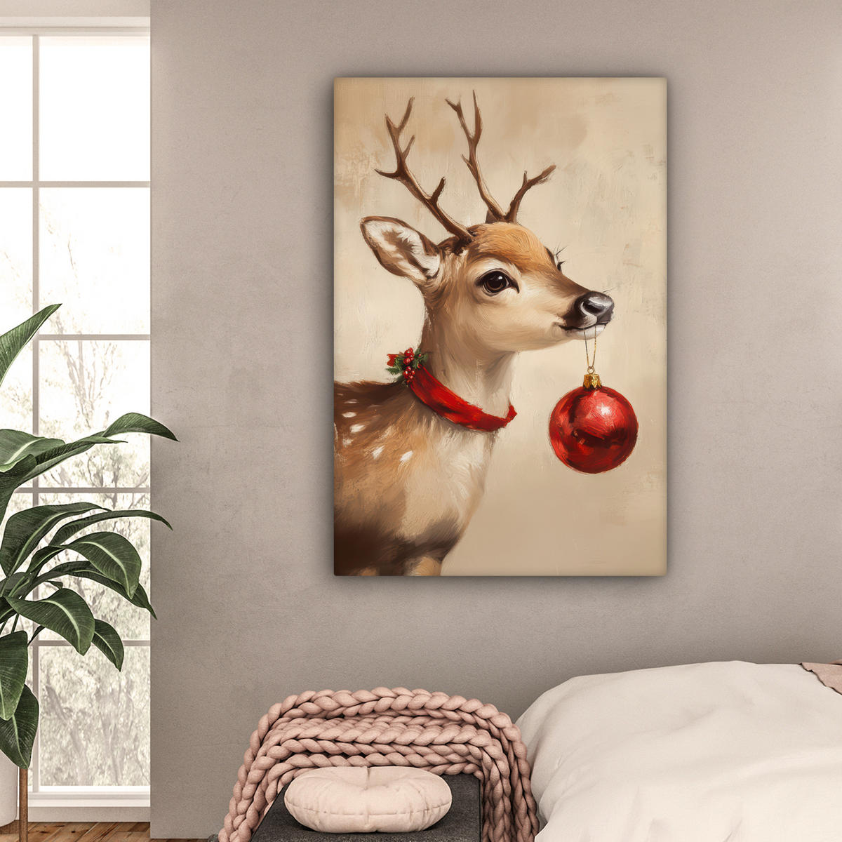 LEINWANDBILD Weihnachten - Hirsch - Geweih - Weihnachtskugel - Rentier Deko XXL 80x120 cm - Hellbraun, Textil (80/120cm) - MuchoWow