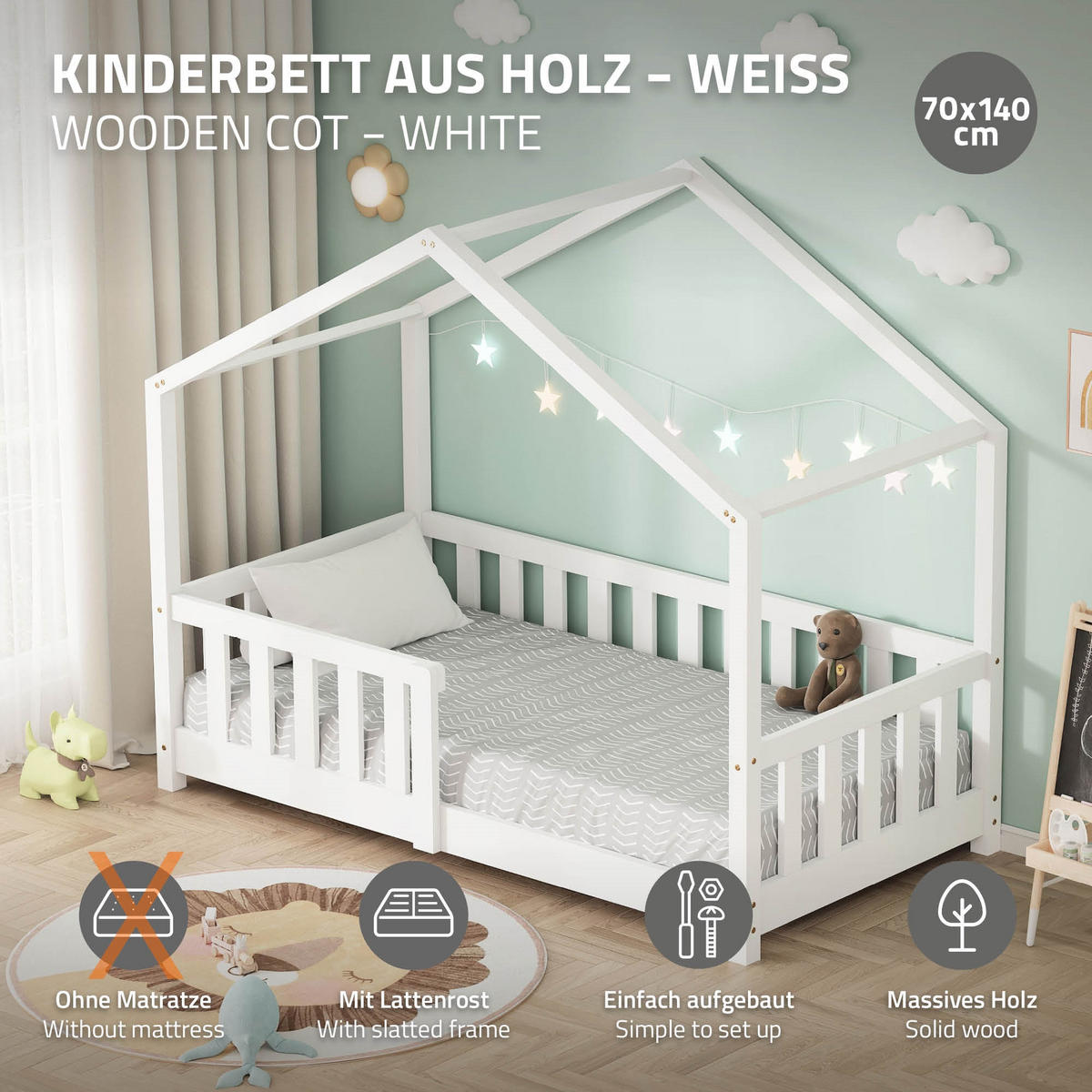 HAUSBETT 70x140 cm Weiß aus Kiefernholz mit Rausfallschutz - Weiß, Holz (70/140cm) - ML-DESIGN