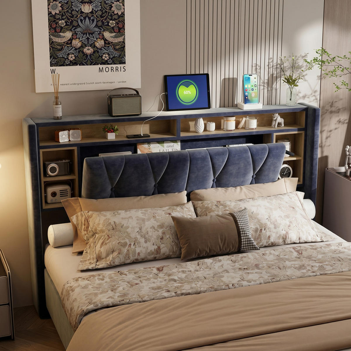 POLSTERBETT 160/200 cm grau mit Stauraum, LED und USB - Grau, Holz