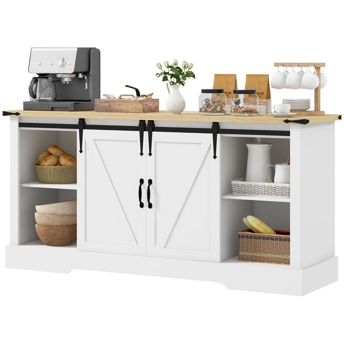 SIDEBOARD Weiß/Eiche-Nachbildung, 2 Schiebetüren, 150/40/72 cm - Weiß, Holz (150/72/40cm) - PANGIVO