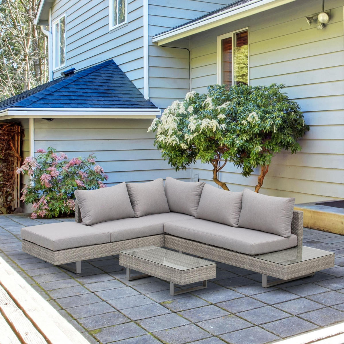 GARTENLOUNGE DE-13723 5‑Sitzer mit Glastisch Grau - Grau, Kunststoff/Metall - ComfortXL