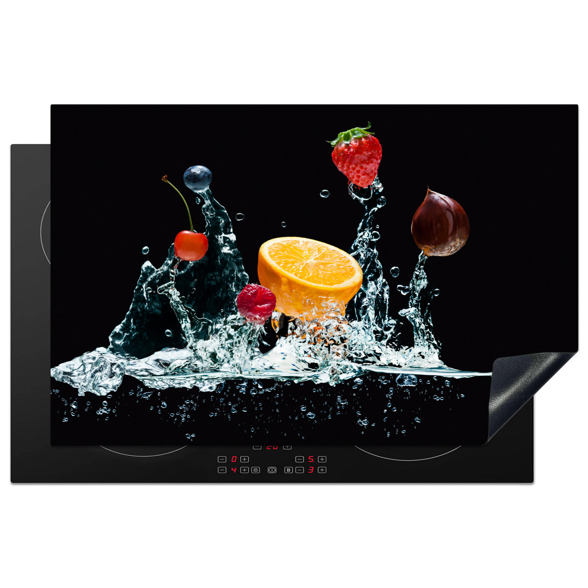 HERDABDECKPLATTE Wasser - Obst - Orange - Erdbeere - Kirsche - Schwarz 81x52 cm - Orange, Kunststoff (81.6/0.2/52.7cm) - MuchoWow