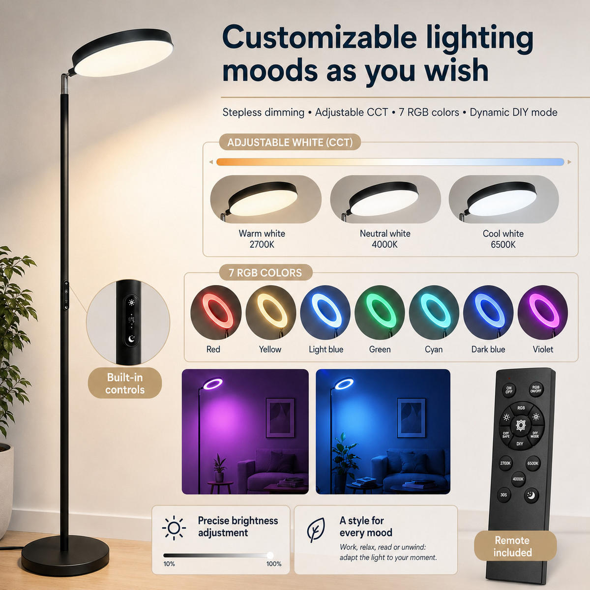 FLURLEUCHTE FL1081 RGB CCT LED 24W mit Fernbedienung - Brombeere, Metall (25/25/180cm) - LOVHAUS