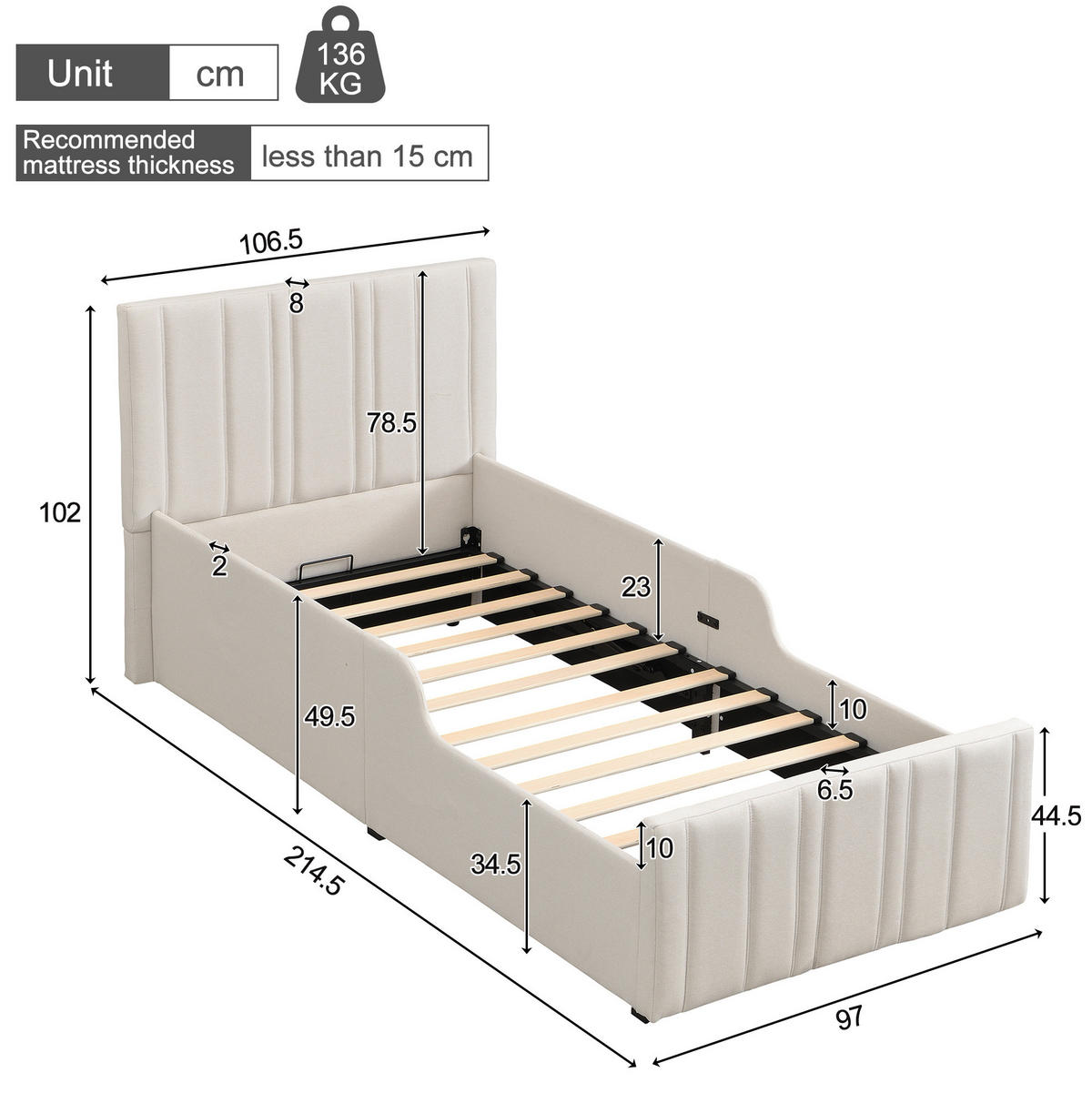POLSTERBETT 90/200 cm Beige aus Leinenstoff mit Bettkasten - Beige, Textil (90/200cm) - OKMYHOME