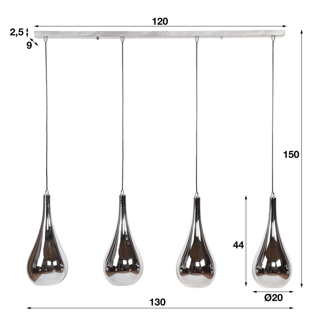 HÄNGELEUCHTE Drop Silber 130/20/ 150 cm - Silberfarben, Glas (130/20/150cm) - Hoyz Collection