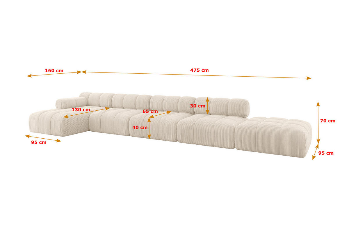 ECKSOFA modulares Sofa Lizur-L3 - 475x160x70 cm Beige Cord - Beige, Holzwerkstoff/Textil (475/160cm) - ALTDECOR