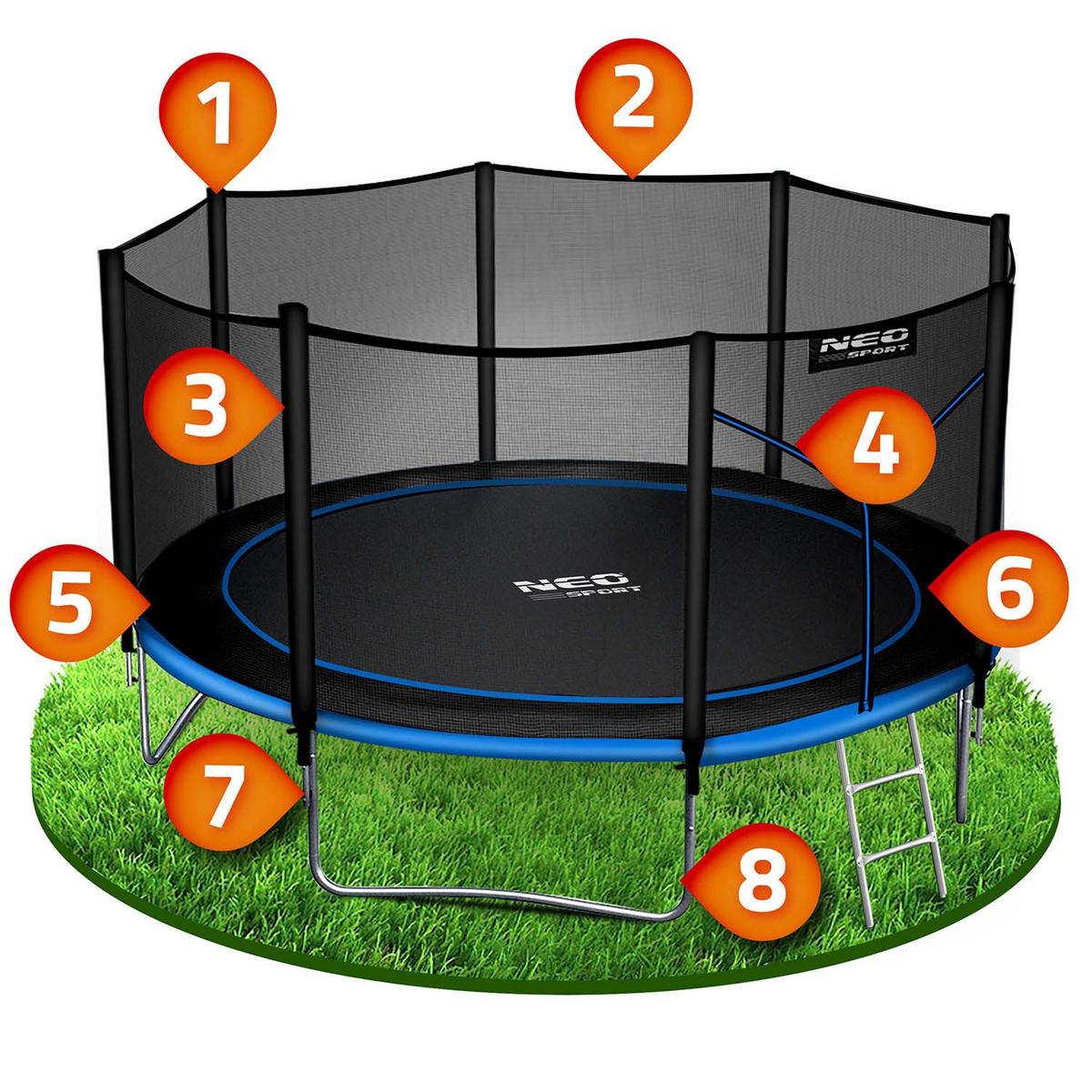 GARTENTRAMPOLIN 12 ft/374 cm mit Außennetz und Leiter - Blau, Metall (374/374cm)
