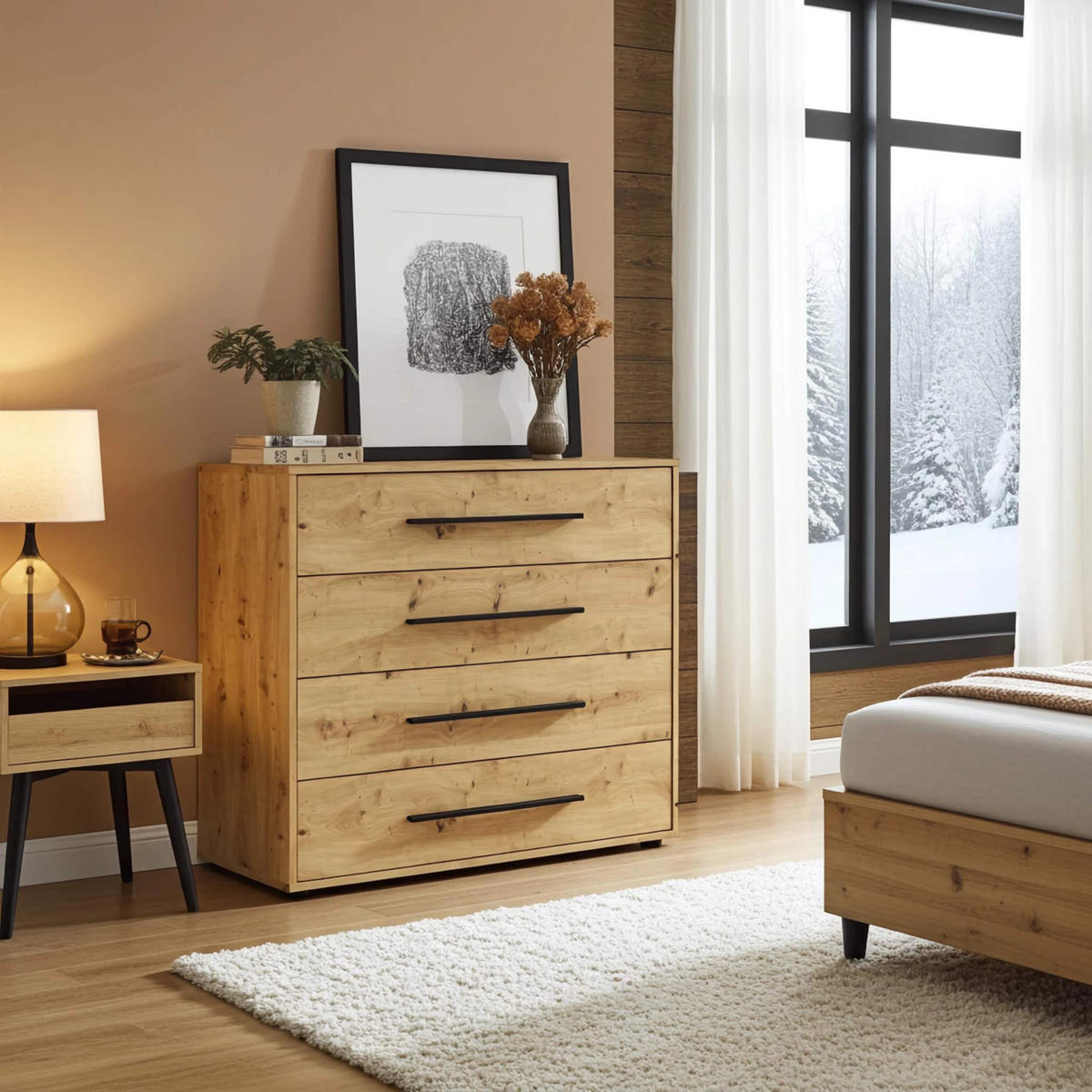 KOMMODE Modena 100 cm in Eiche Artisan mit Schubladen - Schwarz/Eiche Artisan, Holzwerkstoff/Kunststoff (100/87/40cm) - Ravio