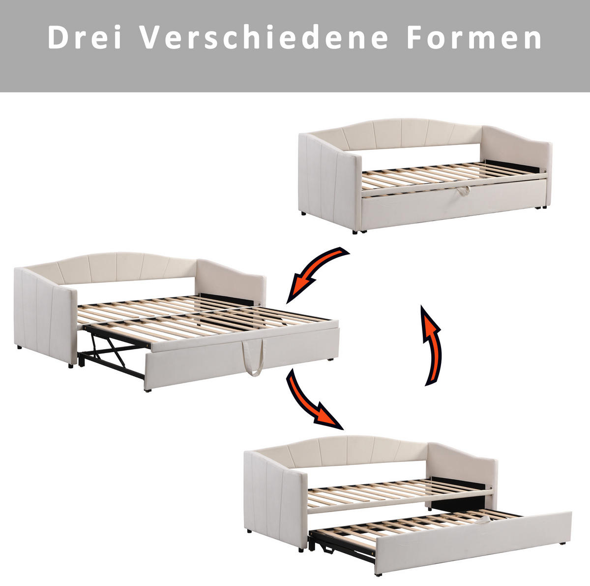 POLSTERBETT 90/200 cm aus Samt mit ausziehbarer Liegefläche Beige - Beige, Textil (90/200cm) - Modenvie