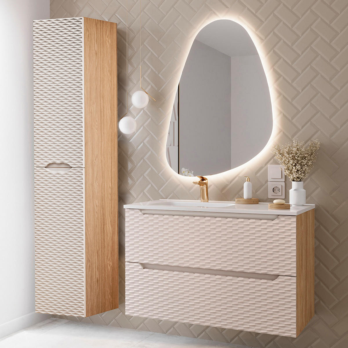 BADMÖBEL 90cm Elora 2er-Set Beige und Holz - Braun, Holzwerkstoff (90/57/46cm) - Petits-meubles