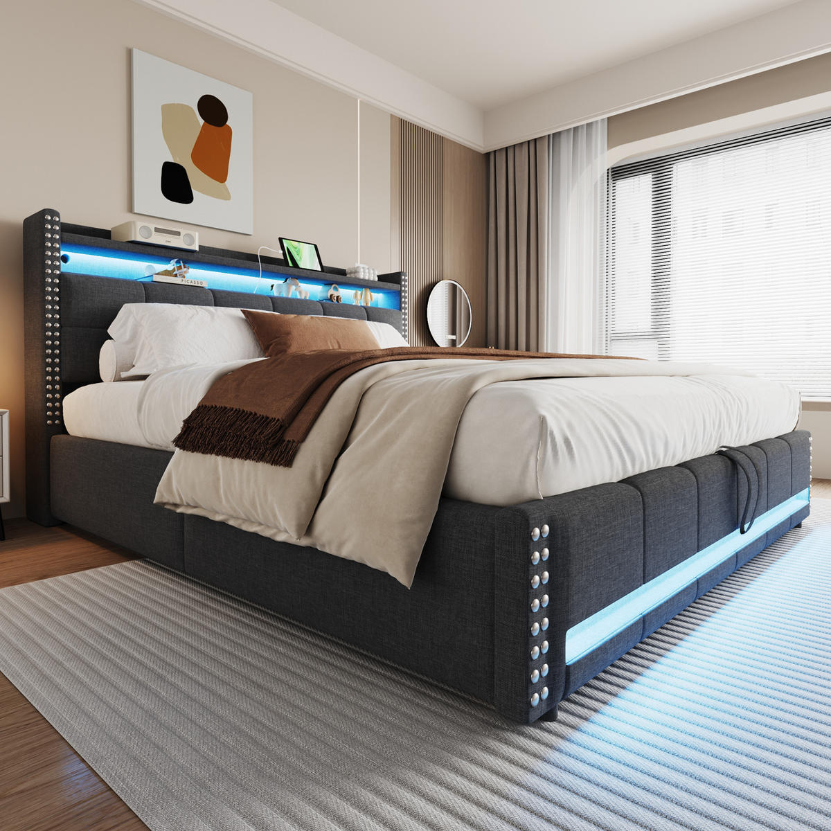 POLSTERBETT 180/200 cm Grau mit LED-Beleuchtung und USB-Steckdose - Grau, Textil (180/200cm) - OKWISH