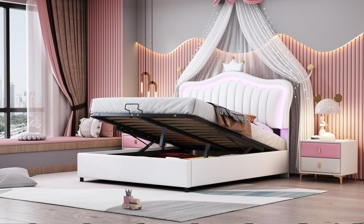 KINDERBETT 140x200 cm LED Krone weiß - Weiß, Textil (140/200cm) - LEBENLANG