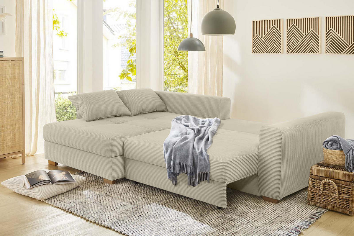 ECKSOFA-DAUERSCHLÄFER Federkern Bettkasten, seitenverkehrt montierbar B288/T186/H86 cm, Liegefl. 153x245 cm, Cord Beige Grau / 15154 - Greige/Eichefarben, Holz/Textil (288/186cm) - luma-home