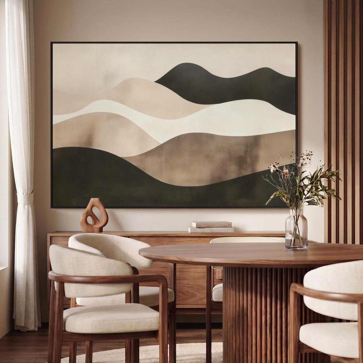 LEINWAND Bilder mit Rahmen - Abstrakt - Landschaft - Wellen - Cremefarben - 120x80 - Cappuccino, Textil (120/80cm) - MuchoWow