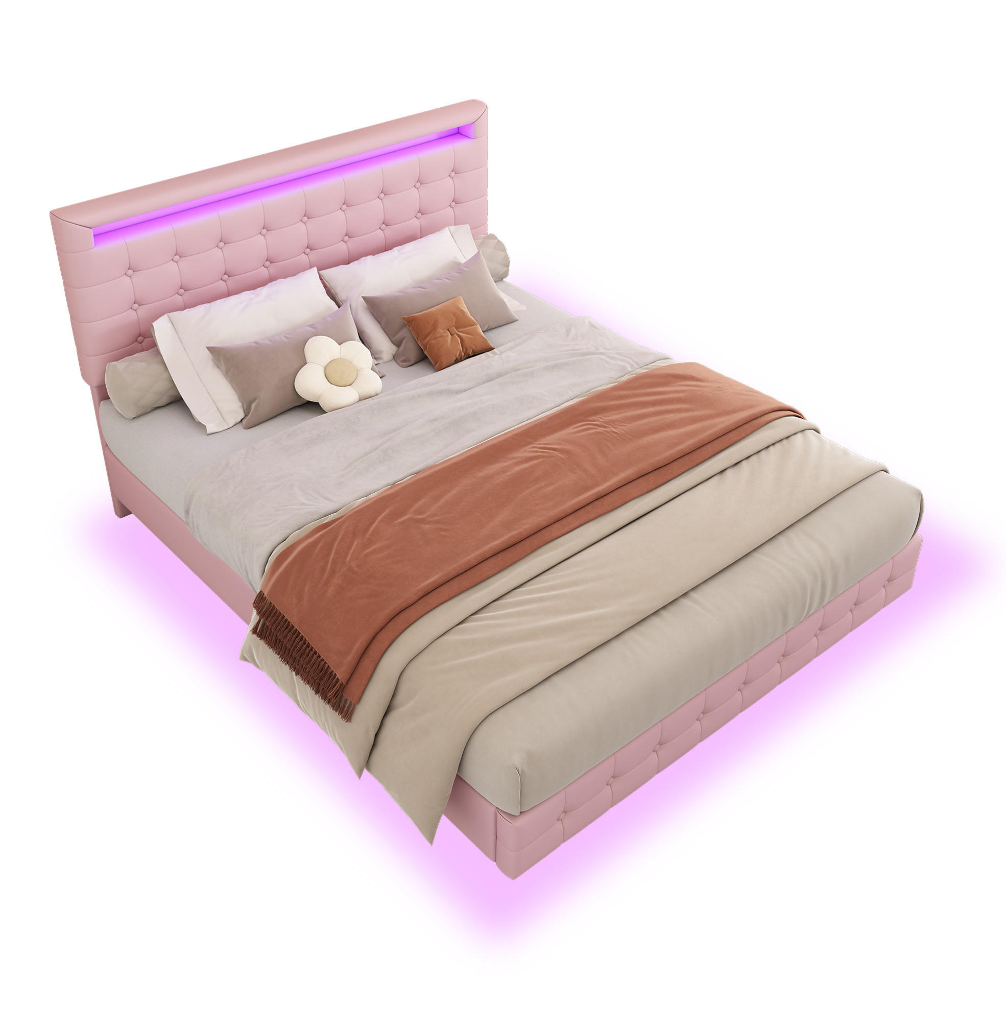 Modfu ČALOUNĚNÁ postel z PU 140x200 cm růžová s LED osvětlením, 3stupňově nastavitelným čelem a plovoucím designem