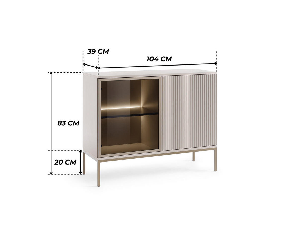 MODERNE Geriffelte Kommode LAGOS K2D (Kaschmir Matt, LED, Champagner Gestell, Push to Open) - Kaschmir/Champagner, Glas/Holz (104/83/39cm) - Ravio