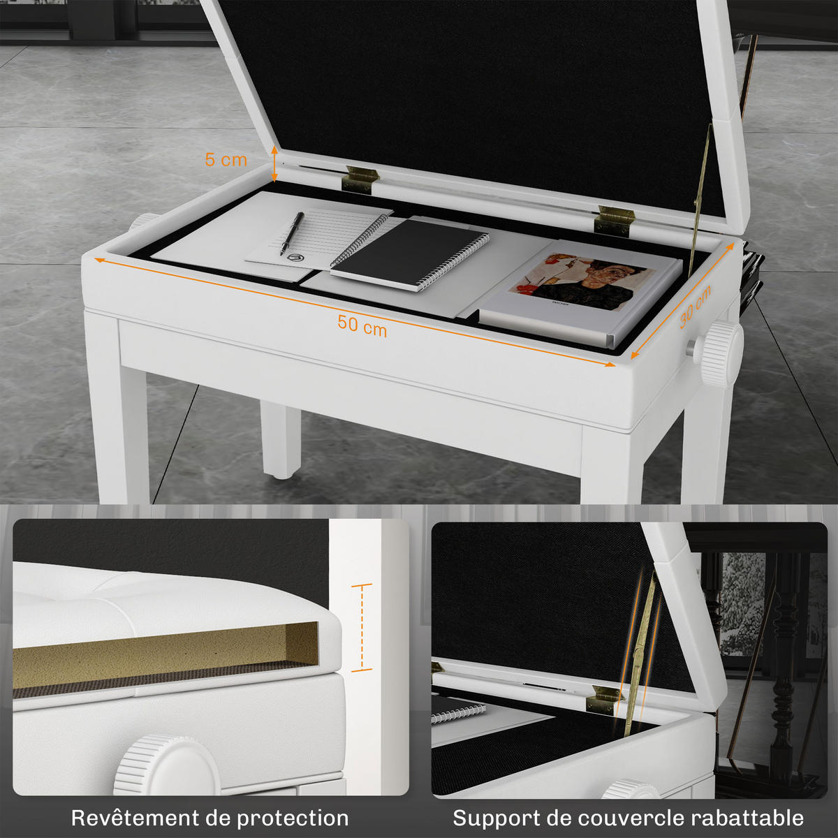 HOCKER DE-16416 höhenverstellbar mit Staufach Weiß - Weiß, Holzwerkstoff (33/58/55cm) - ComfortXL