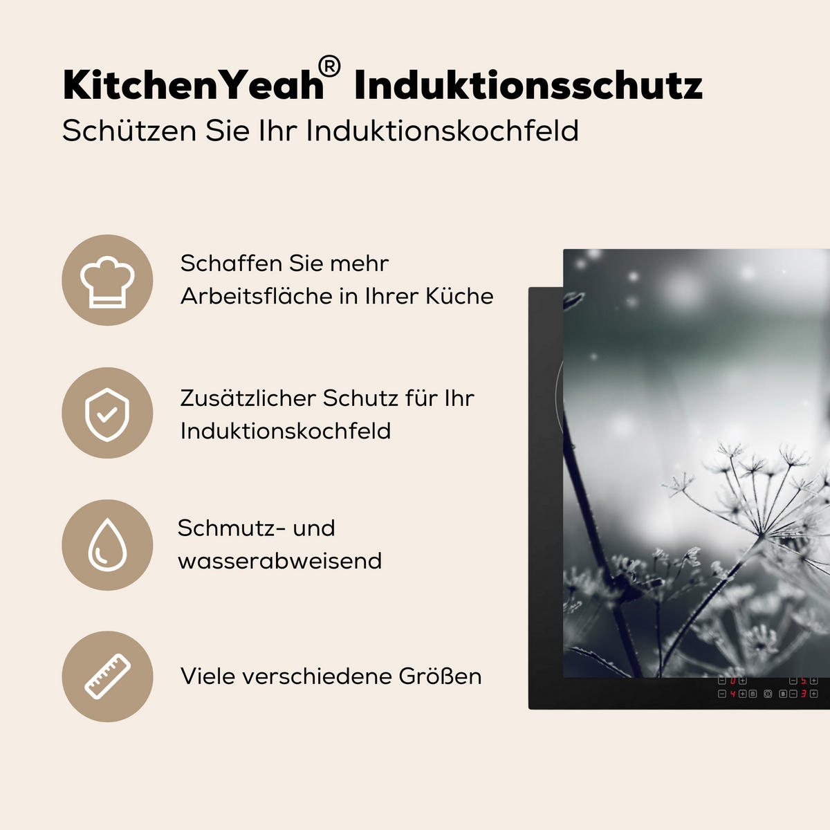 HERDABDECKPLATTE Blumen - Winter - Schnee - Natur Ceranfeldabdeckung 90x52 cm - Grau, Kunststoff (90/52/0.2cm) - MuchoWow