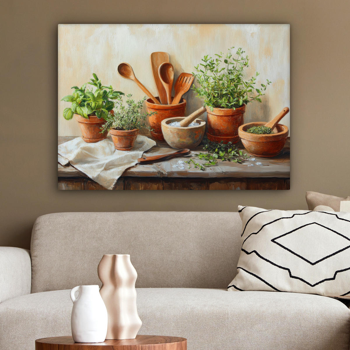 LEINWANDBILD Töpfe - Kräuter - Holz Wandbilder 80x60 cm - Terracotta, Textil (80/60cm) - MuchoWow