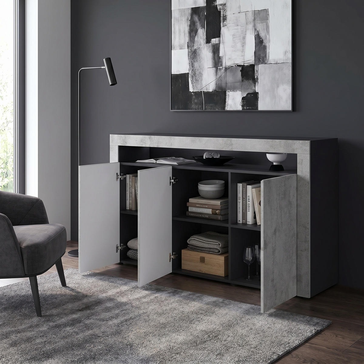 SIDEBOARD Valencia Beton Oxid Optik/ Beton Oxid Optik - Hellgrau, Holzwerkstoff (155/92/40cm) - Vladon