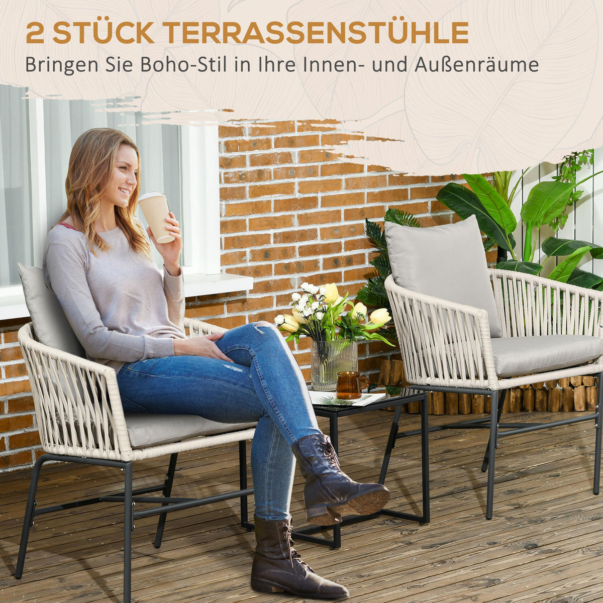 GARTENSTÜHLE 2er-Set, Stahl, Polyester, Beige - Beige, Metall (60/71/57cm) - Outsunny