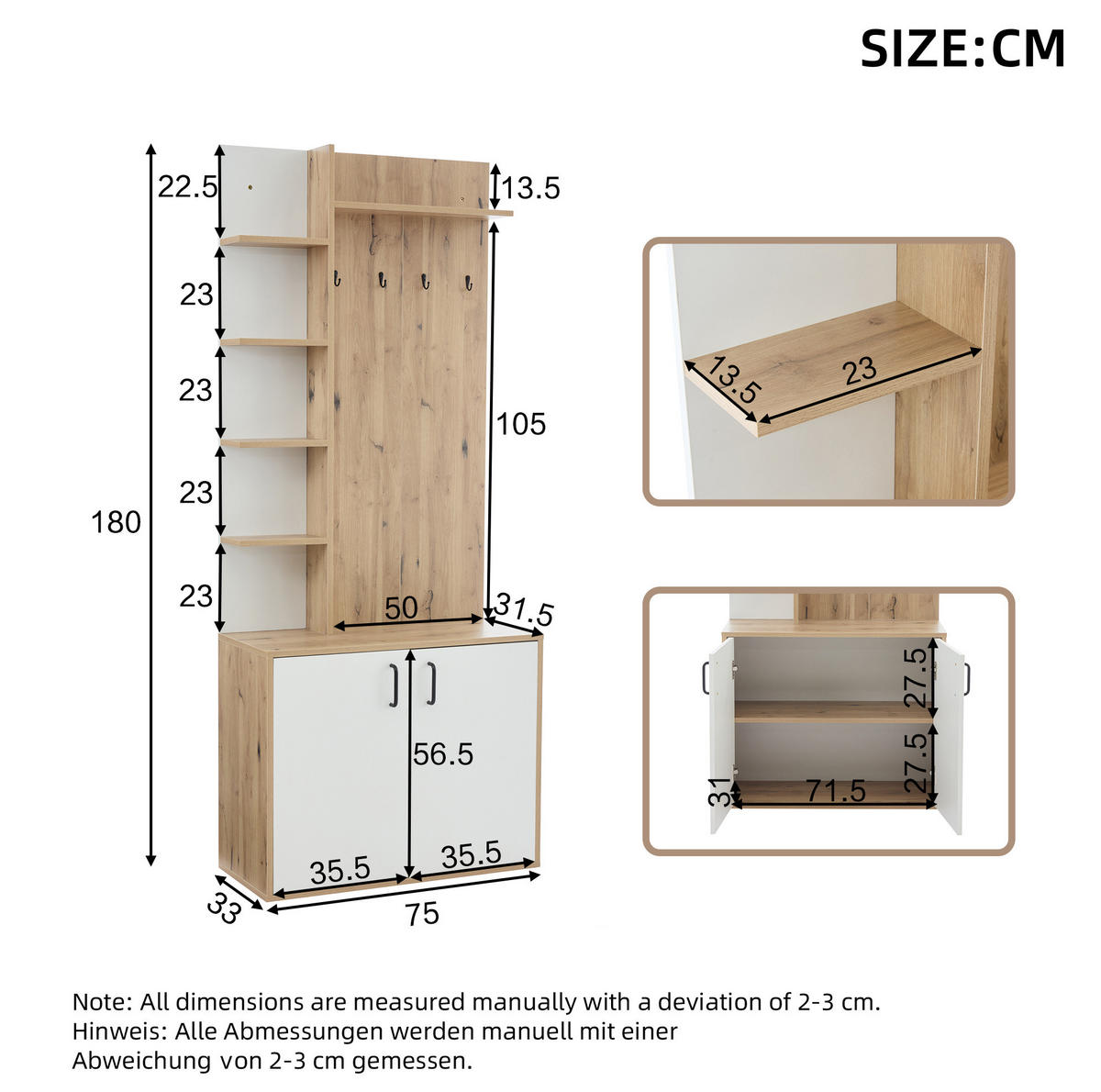 REGAL za čevlje 75/33/180 cm z odprtimi policami in zaprtim omarjem, prostorsko varčen, Naravni les/bele barve - naravne barve, leseni material (33/180/75cm) - Redom