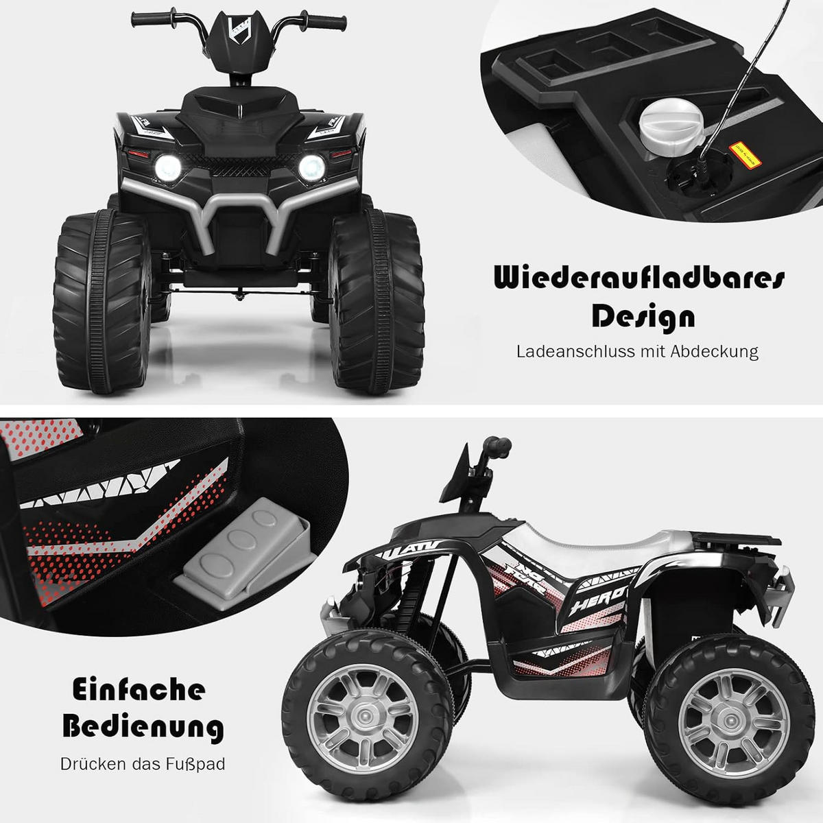 KINDERQUAD 12V Elektro Schwarz - Schwarz, Kunststoff (67/74/104cm) - COSTWAY