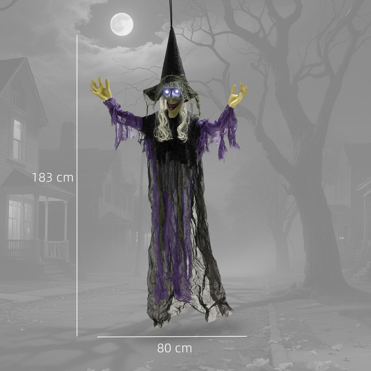 HALLOWEEN-HEXE DE-42117 183 cm hängend mit LED und Sound - Lila/Schwarz, Metall (80/183/15cm) - ComfortXL