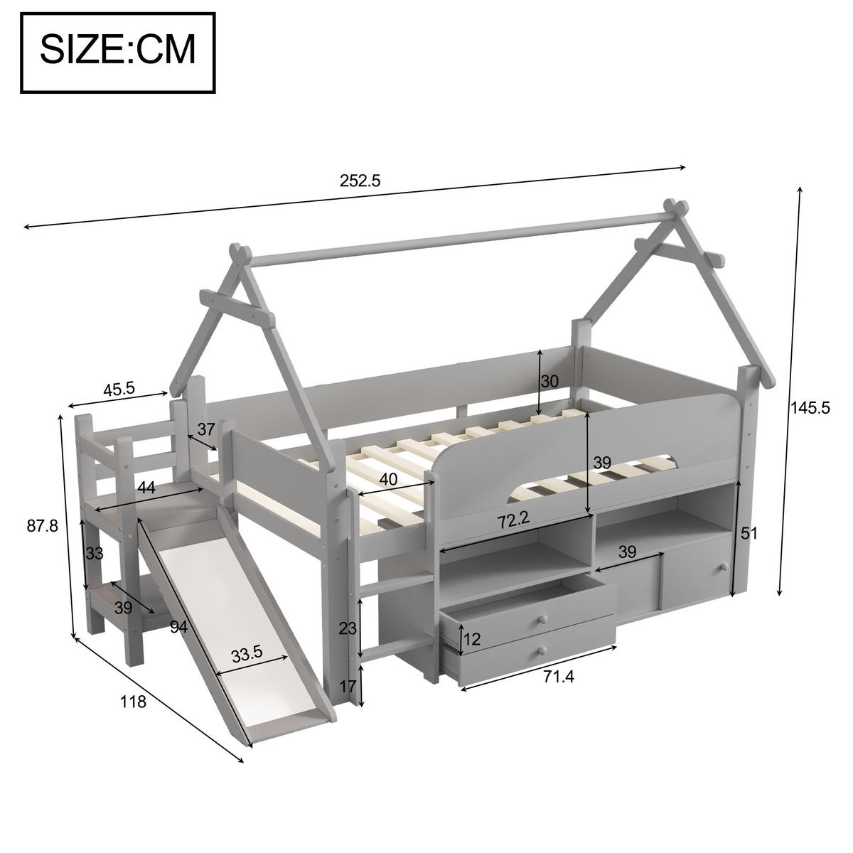 KINDEREINZELBETTEN aus Massivholz 90 x 200 cm in Grau mit Rutsche & Stauraum - Grau, Holz (90/200cm) - Modfu