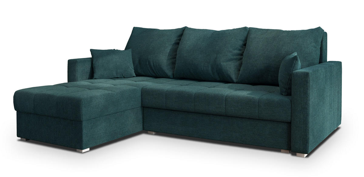 ECKSOFA NIDA Petrol Geflochtener Stoff mit Schlaffunktion - Petrol, Holz (220/143cm) - MASSENO